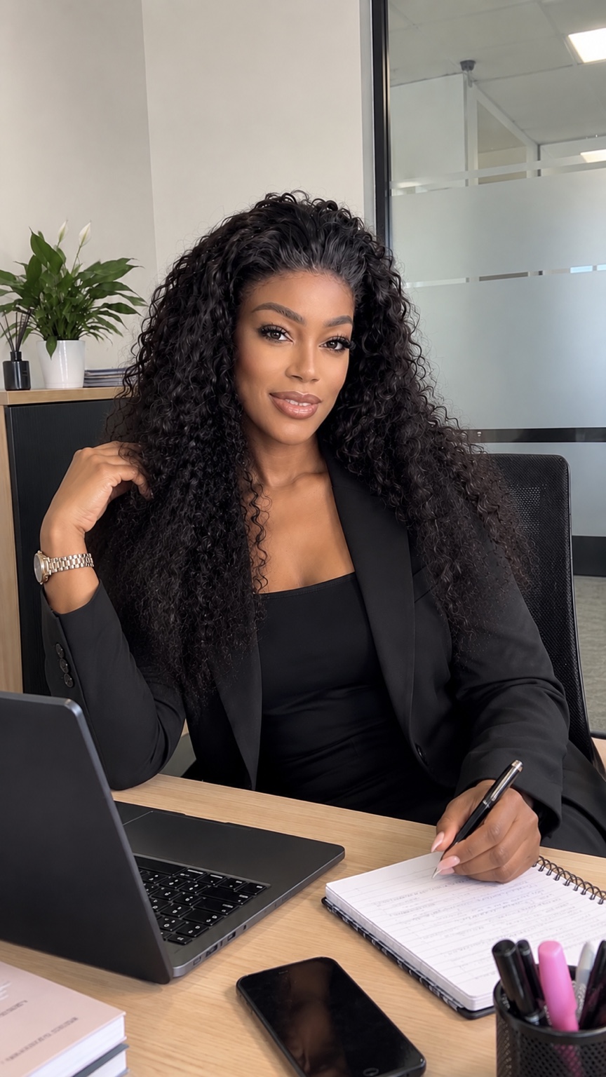 Edwige Mouaka écrivant à son bureau